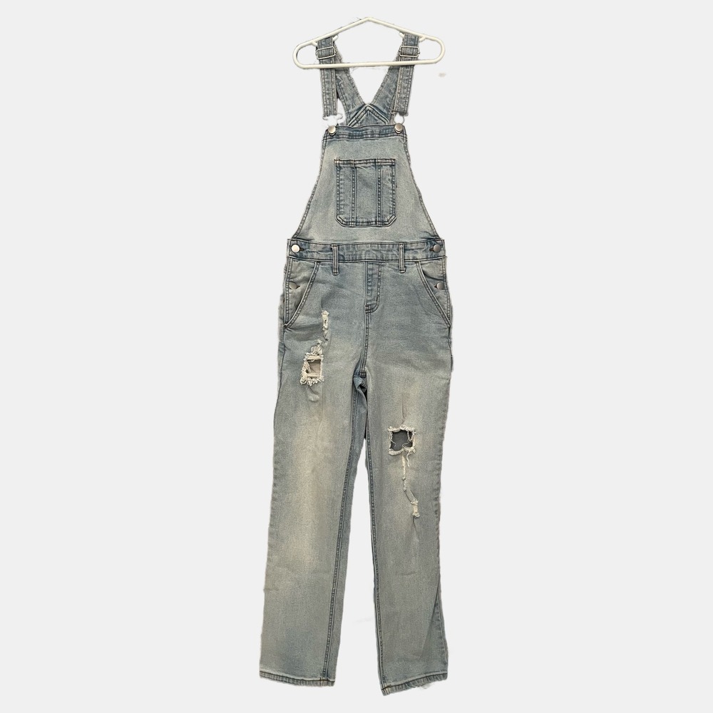 No Boundaries Womens Small Distressed Denim Overalls Light Wash Ripped Size 3-5